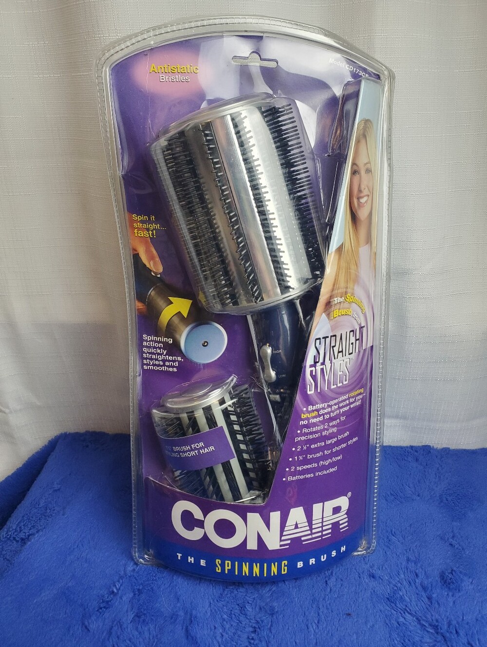 Vintage Conair Cordless Hair Curling Brushes STRAIGHT STYLES Spinning Brush NOS